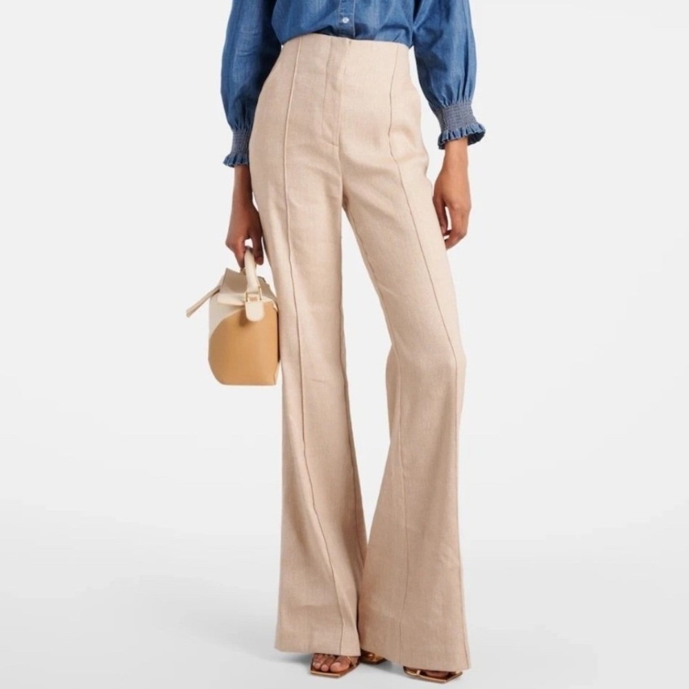 Veronica Beard Komi Pant in Sandelwood Melange Tan Linen Blend Wide Leg Size 6